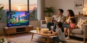 Profitez d'un moment en famille avec Atlas Pro IPTV dans un salon chaleureux.