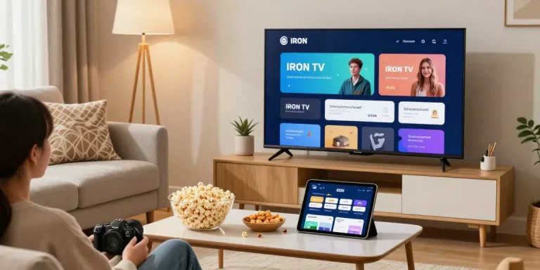Télévision IRON TV dans un salon confortable avec popcorn et ambiance chaleureuse